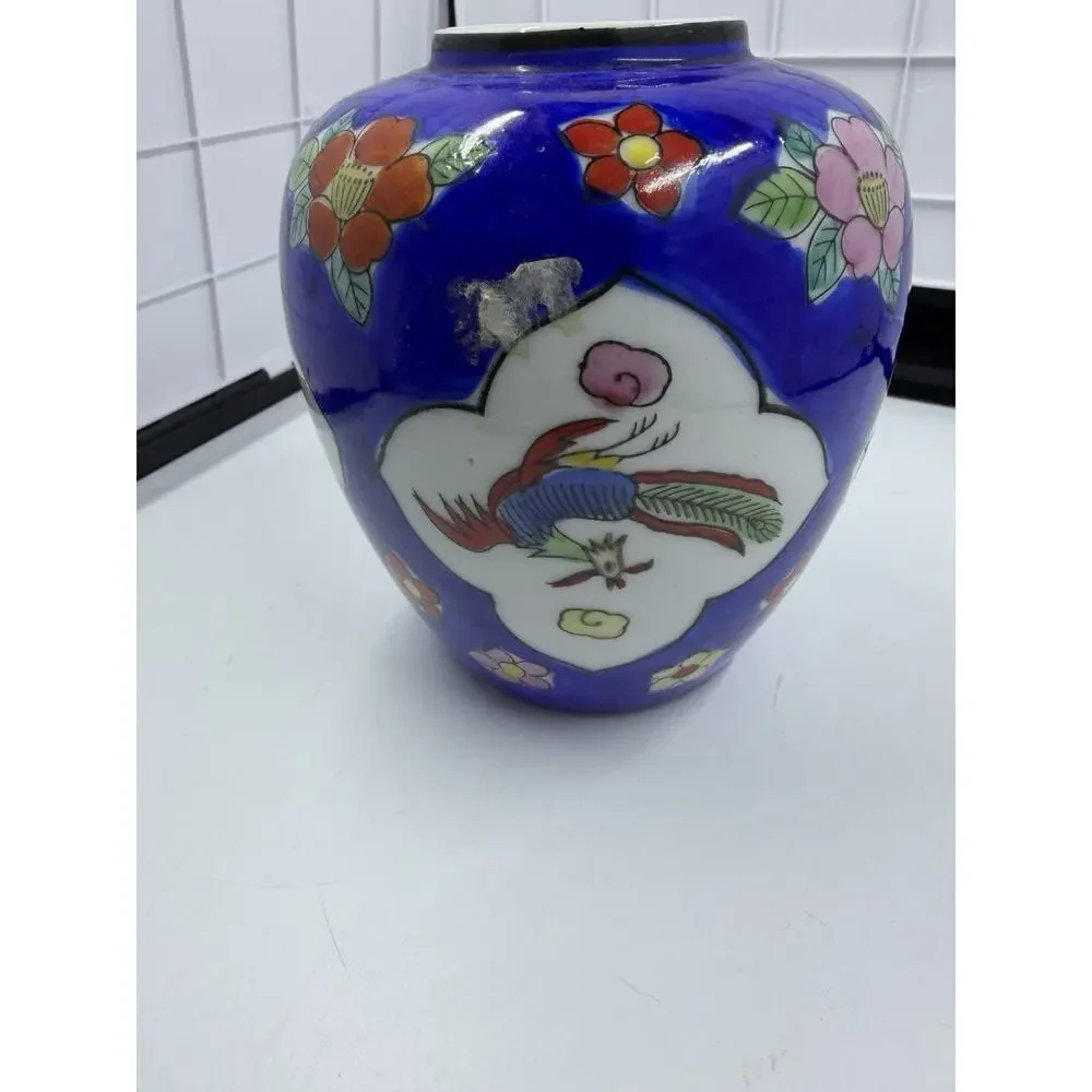 Antique Enameled Japanese Porcelain Vase, Cobalt Blue, Flowers Birds Dragon VTG